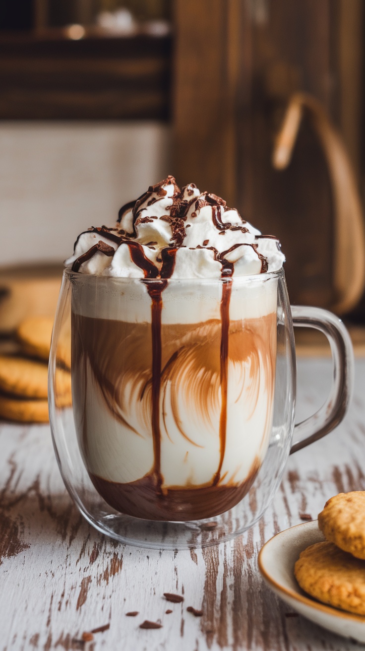 A delicious Nutella latte in a glass mug, topped with whipped cream and chocolate shavings, on a rustic table with cookies.